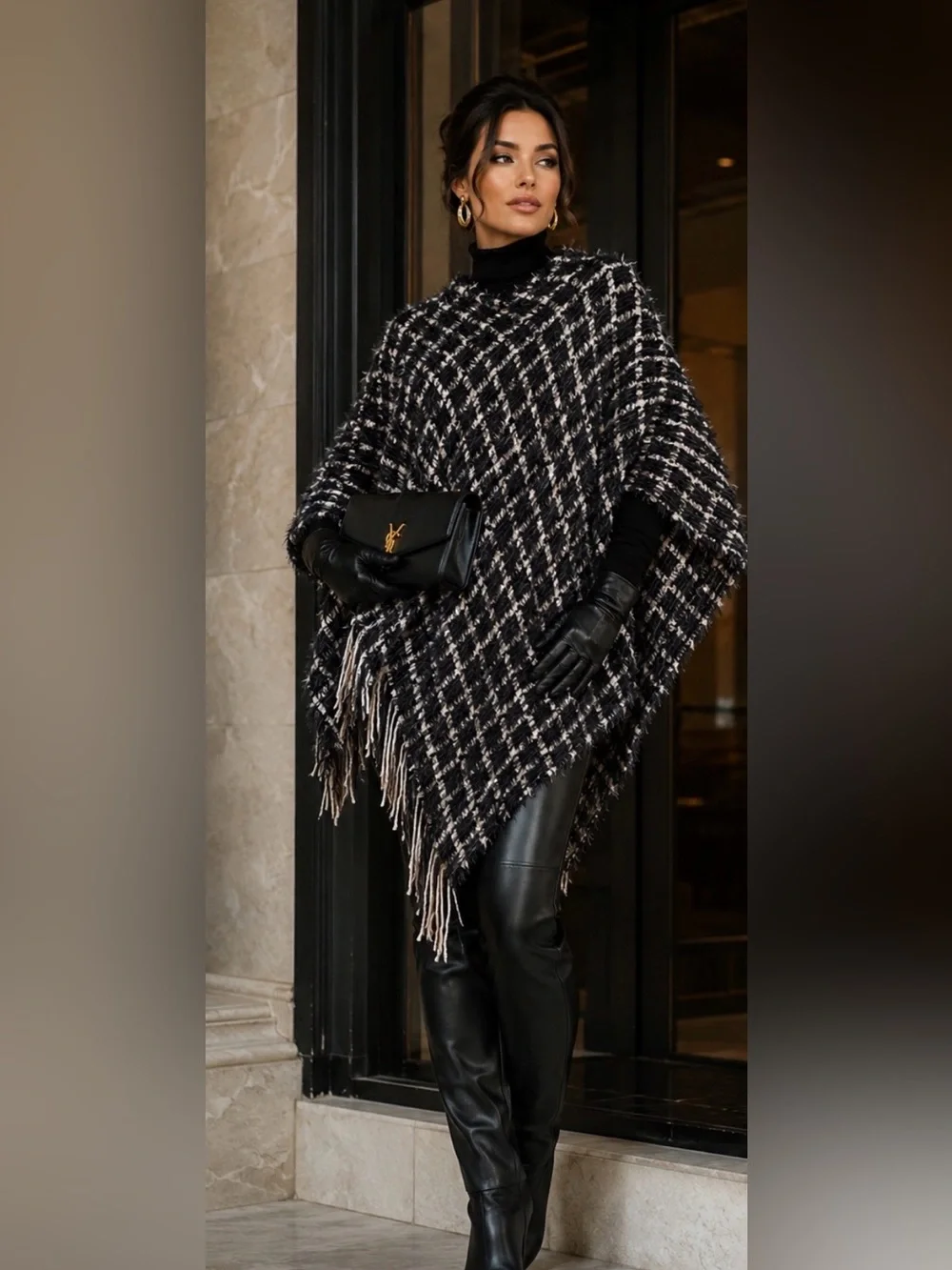 Simonetta Black and Cream Plaid Fringe Poncho